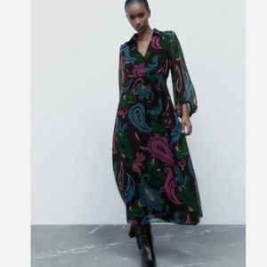 Zara Black/Multicolored Paisley Print Chiffon Balloon Sleeve Mosaic Dress NWT XS